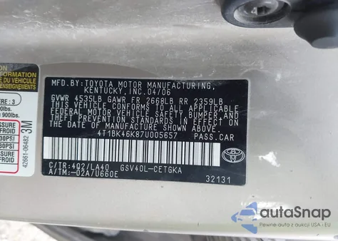 2007 Toyota Camry Xle V6 from USA, damaged, VIN 4T1BK46K87U005657